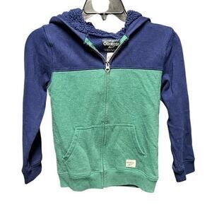 OSHKOSH boys green blue block color 1/4 zip pullover hoodie fleece  hood sz 8